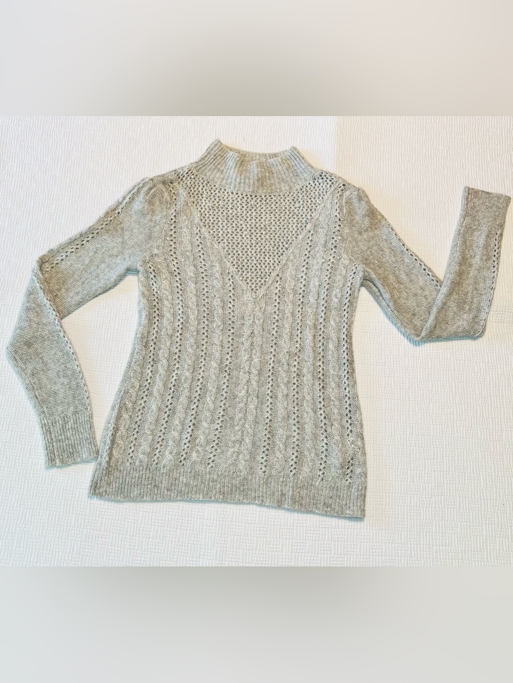 Women’s Light Gray Cable Knit Mock Neck Sweater